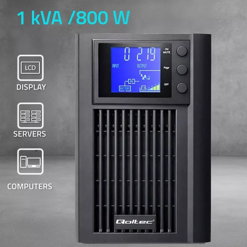UPS QOLTEC onda sinusoidal pura 1kVA 800W com AVR e ecrã LCD