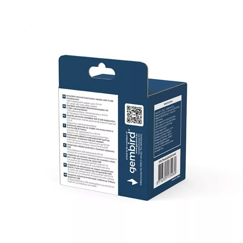 Adaptador de viagem GEMBIRD TPA-EU2A1C15-01-W – 15W, ficha Type-E, 2× USB-A + 1× USB-C, 100–250V