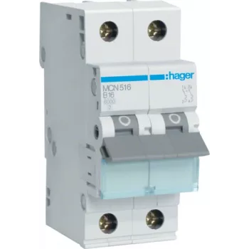 Hager MCN516. Número de polos: 2 polos. Frequência de entrada CA: 50/60 Hz, corrente nominal: 16 A. Largura: 35 mm, profundidade: 70 mm, altura: 83 mm (MCN516)