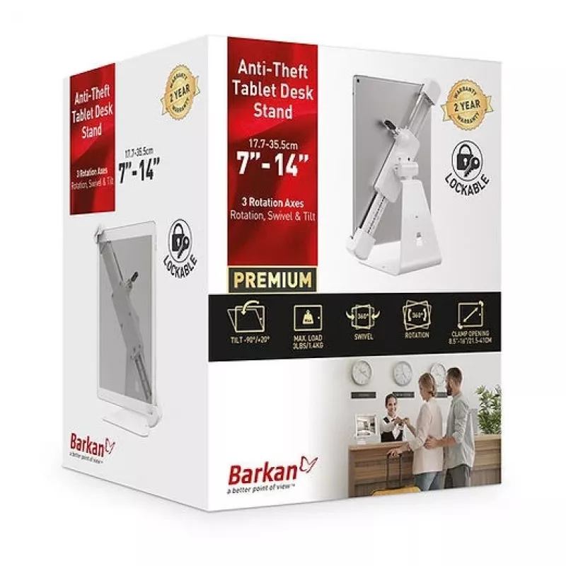 Barkan T71HL suporte de secretária para tablet com fechadura 7–14 polegadas, rotativo 360°, branco