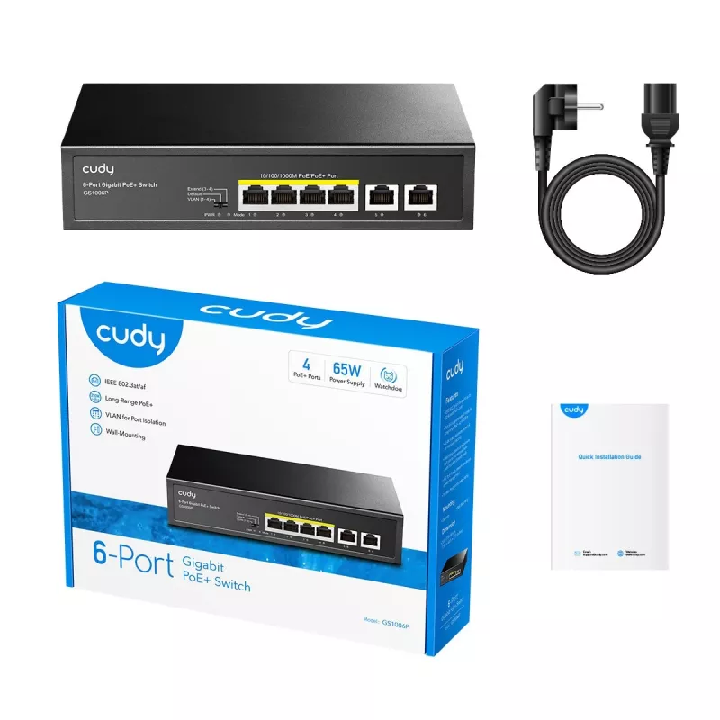 Switch de rede Cudy GS1006P unmanaged Gigabit Ethernet 6 portas PoE, 12 Gbit/s, 2048 MAC, preto