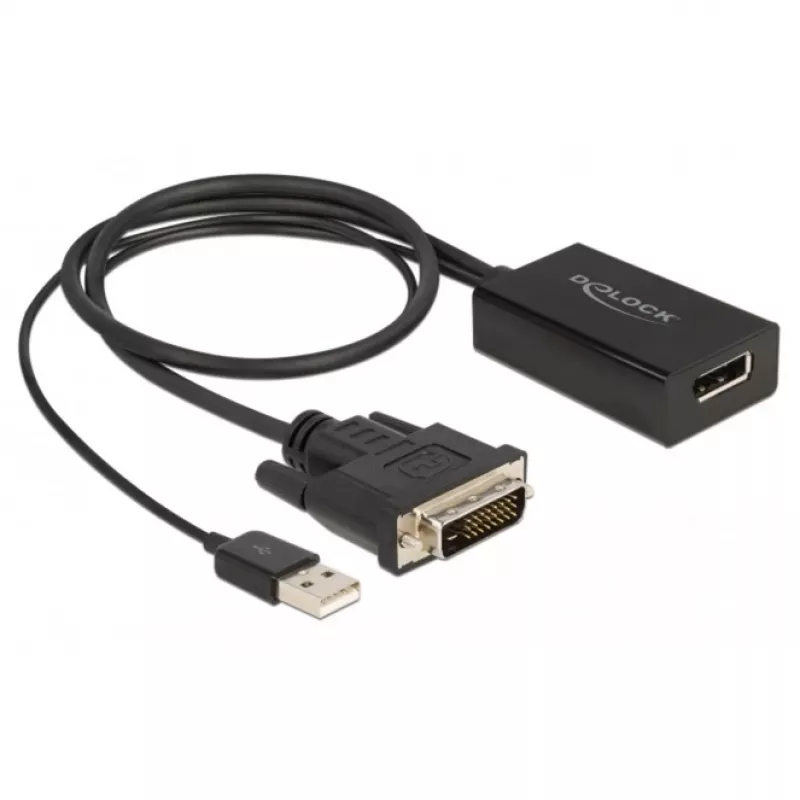 Delock - Cabo adaptador - DVI-D, USB (apenas alimentação) (M) para DisplayPort (F) - DisplayPort 1,2 - 50 cm - Suporte de 4K 30 Hz - Preto (63189)