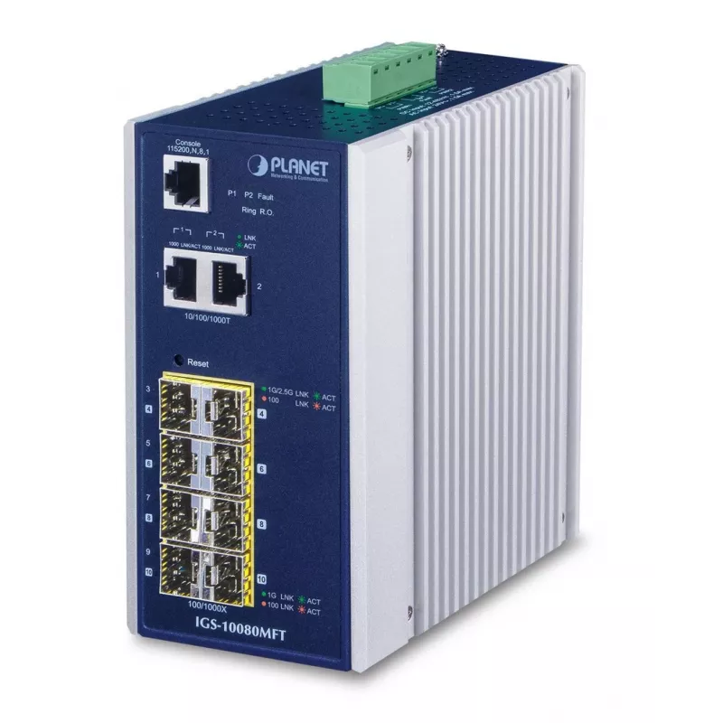 Switch de rede gerido PLANET IGS-10080MFT — 2 x Gigabit RJ-45, 8 x SFP, 12–48V DC, gerido, IP30