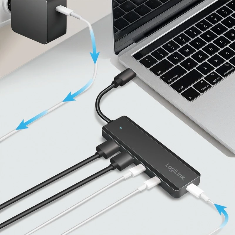 Hub USB-C, 4 portas 2x USB-A, 2x USB-C, preto