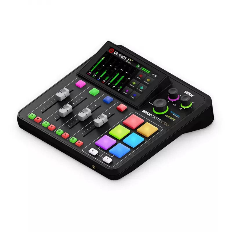 Controlador de estúdio RØDE Caster Duo preto — 2 Combo XLR/TRS, 2 saídas TRS Line, 48 kHz, 24-Bit, ecrã tátil, Wi‑Fi, Bluetooth