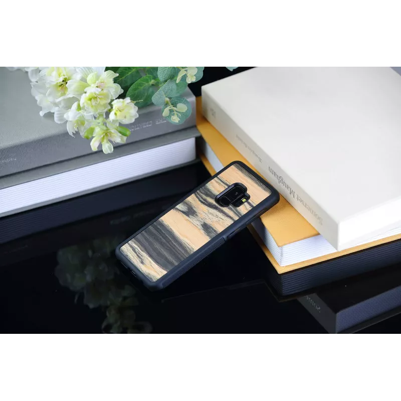 Capa para smartphone em madeira para Samsung Galaxy S9, ébano branco/acabamento preto