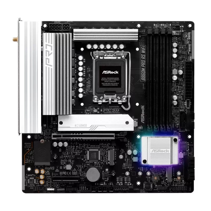 Placa-mãe ASRock B860M Pro RS WiFi — Intel B860, LGA 1851, micro ATX, DDR5, 4 DIMM, 3x M.2, 2.5Gb LAN, Wi‑Fi, Bluetooth