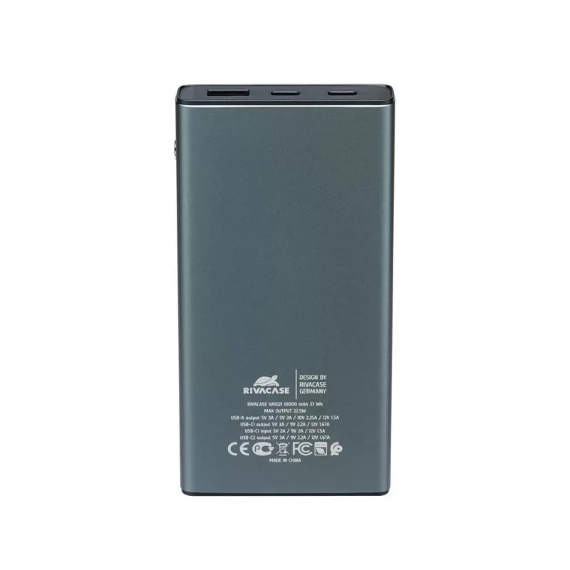 Powerbank Rivacase VA1021 10000mAh, saídas USB duplas, indicadores LED, carregador portátil compacto