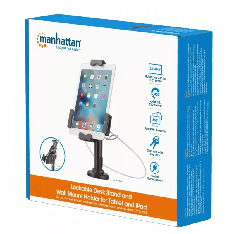 Suporte de mesa para iPad e tablet Manhattan, com fecho, montagem na parede, proteção antifurto segura, tablets de 7,9 polegadas a 10,5 polegadas, rotação 360°, inclinação +/- 70°, rotação 330°, preto, garantia vitalícia