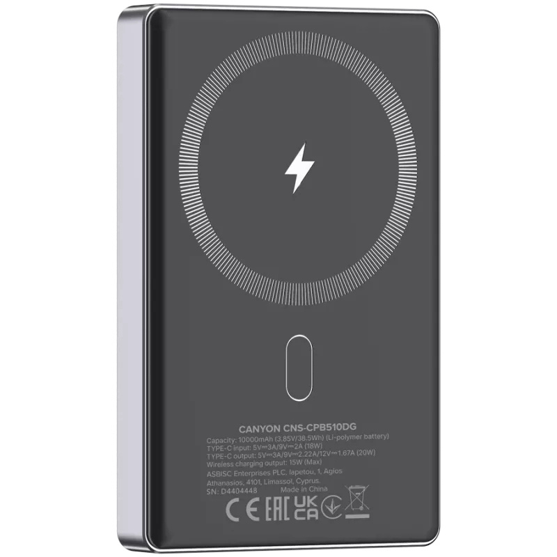 Canyon OnCharge 510 - Powerbank - 10.000 mAh - entrada USB-C - saída USB-C PD 20W + Wireless Magnet