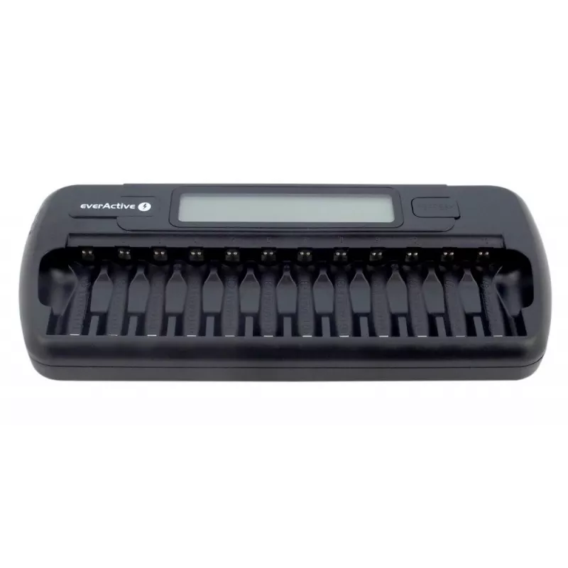 Carregador de pilhas everActive NC-1200 – carregador universal de 12 pilhas para AA/AAA, entrada de 12 V, preto