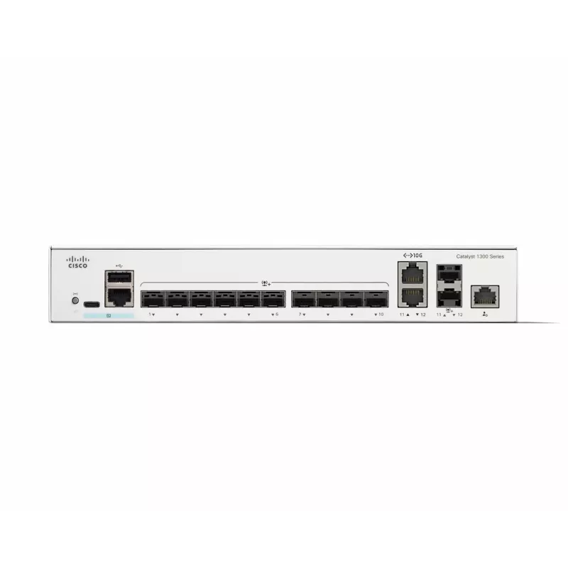 Switch de rede Cisco Catalyst C1300-12XS gerido L2/L3, 12 x 10Gb SFP+, 240 Gbit/s, 16k MAC, montagem em rack, cinzento