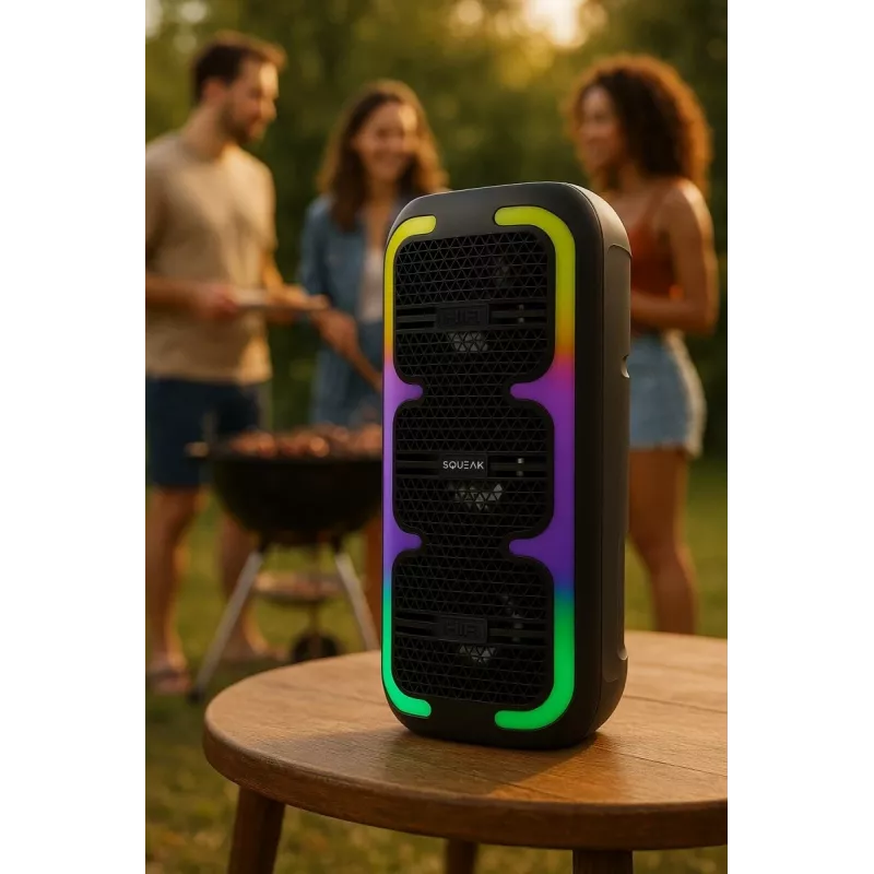 Altifalante estéreo portátil SQUEAK SQ1009 – Bluetooth 5.3, 45 W RMS, 10 h de autonomia, FM, USB, AUX, LED, 1800 mAh, preto