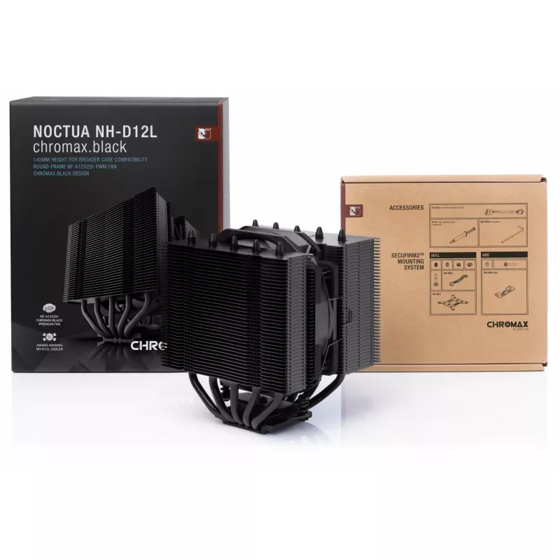 Noctua NH-D12L chromax.black cooler de CPU a ar, 120 mm, alumínio, preto, 450–2000 RPM, 22,6 dBA