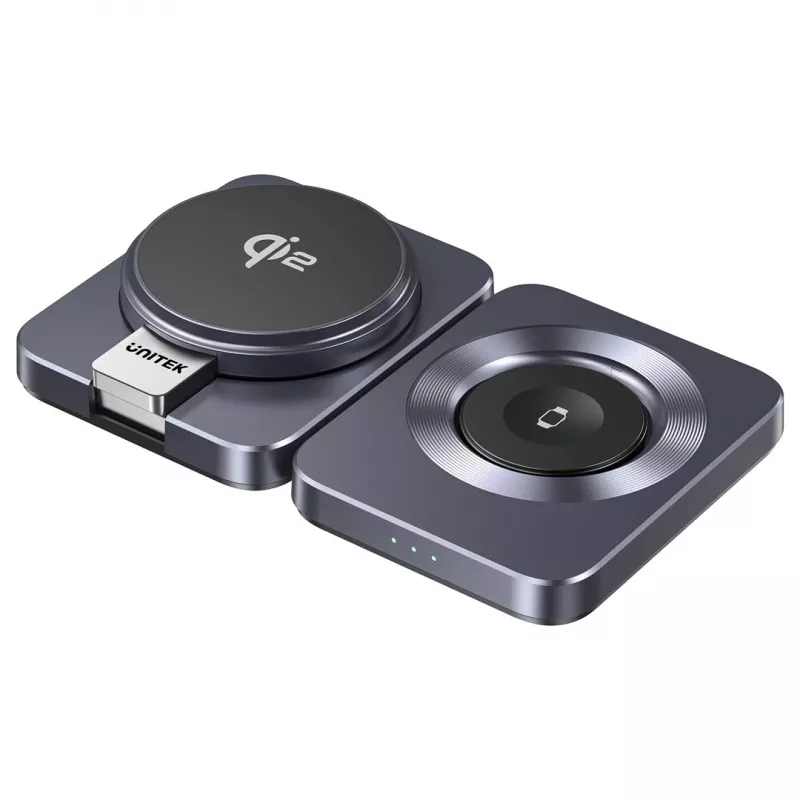 Estação de carregamento sem fios dobrável 3 em 1 UNITEK P1300AGY01 Qi2 15 W, cinzento