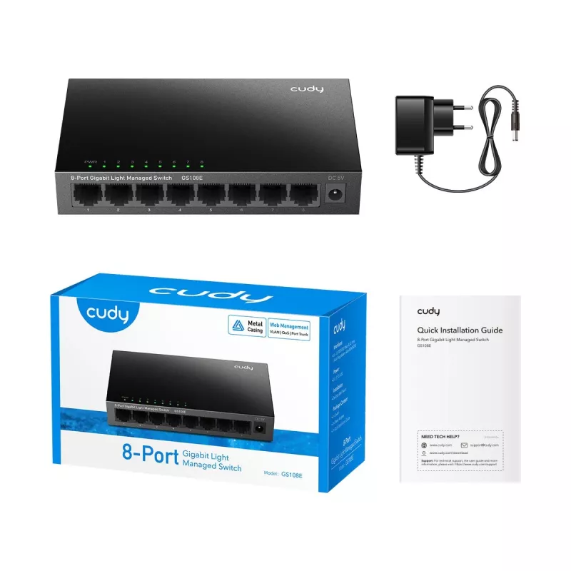 Switch gerido Cudy GS108E 8 portas Gigabit Ethernet, 8x 10/100/1000 Mbps, caixa metálica, comutação 16 Gbps, IGMP & DHCP Snooping