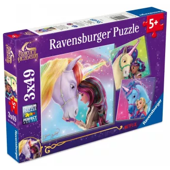 Puzzle Ravensburger Unicorn Academy – 3 x 49 peças, conjunto para criança