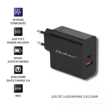Qoltec 51716 carregador de parede 63 W, USB-C PD + USB QC 3.0, 5-20 V 1,5-3 A, preto