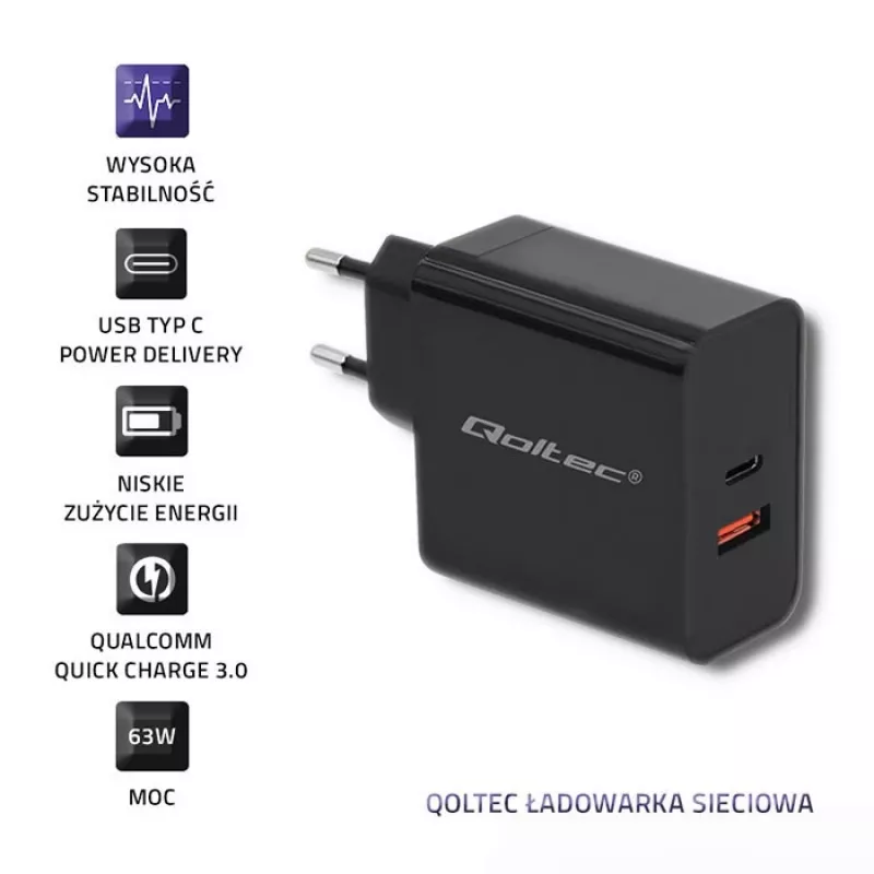 Qoltec 51716 carregador de parede 63 W, USB-C PD + USB QC 3.0, 5-20 V 1,5-3 A, preto