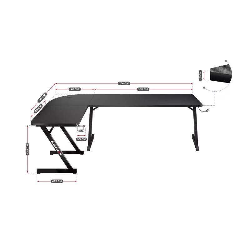 Huzaro Hero 7.0 secretária gaming de canto para computador, retangular, fibra de carbono, alumínio, 154×48×72,5 cm, preta