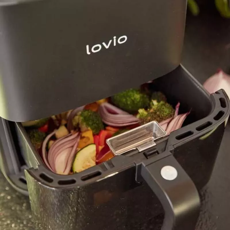 Fritadeira de ar quente Lovio LVAF001BK 5 l preta — fritadeira de ar quente compacta, capacidade de 5 litros