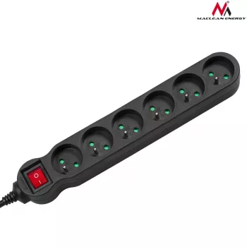 Extensão de energia MACLEAN MCE225 — cabo de 1.5 m, 6 tomadas AC Type F, interior, preto
