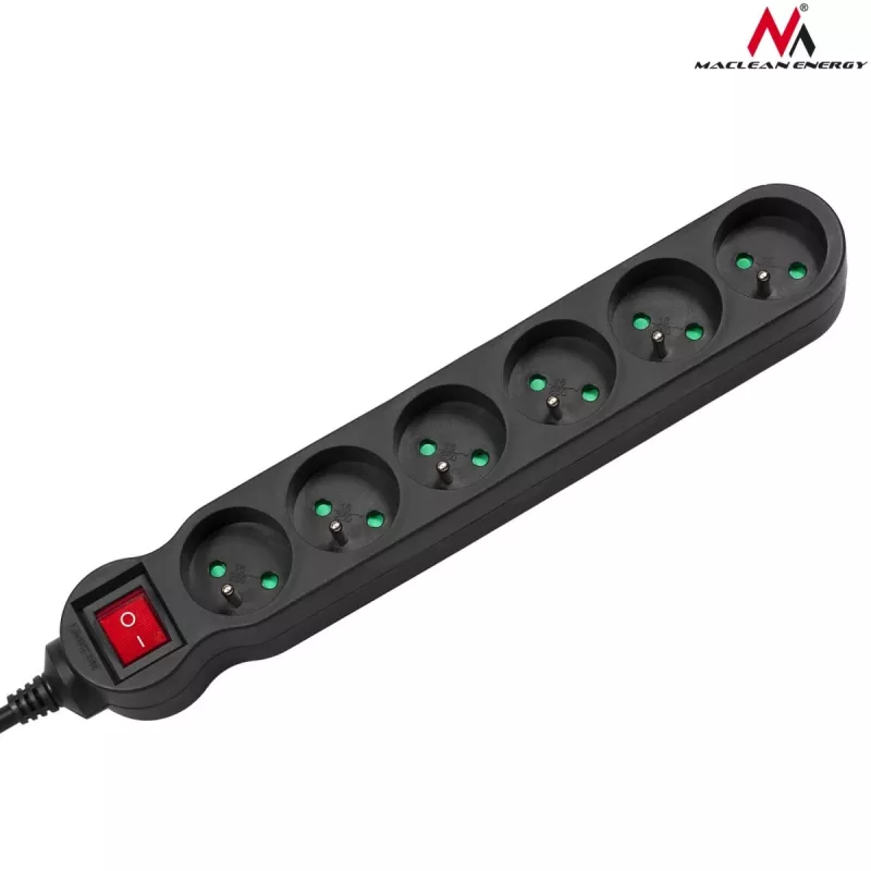 Extensão de energia MACLEAN MCE225 — cabo de 1.5 m, 6 tomadas AC Type F, interior, preto