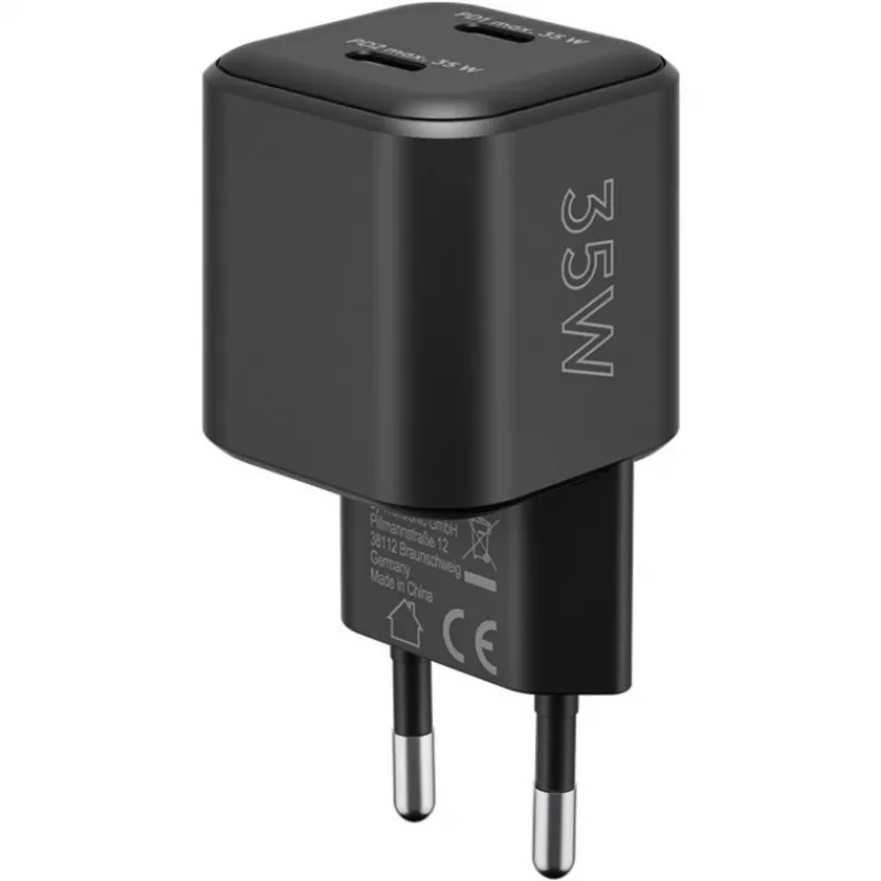 Carregador de parede GOOBAY 75333 — carregador universal AC-USB-C para interiores, 2x USB-C, 35 W, preto