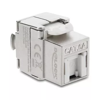 Módulo Keystone DELOCK RJ45 para LSA Cat.6A blindado sem ferramentas, plano, prateado/branco, com tampa de proteção contra pó