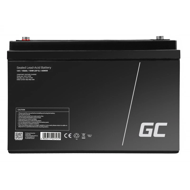 Bateria de automóvel/marítima e de lazer Green Cell AGM30 12 V 100 Ah chumbo-ácido selada (VRLA), sem manutenção, 171×214×330 mm