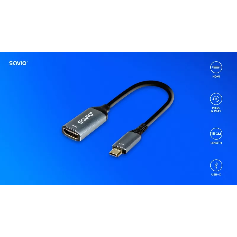 Savio adaptador USB-C (M) HDMI (f), 4K, 60Hz, alumínio, AK-78