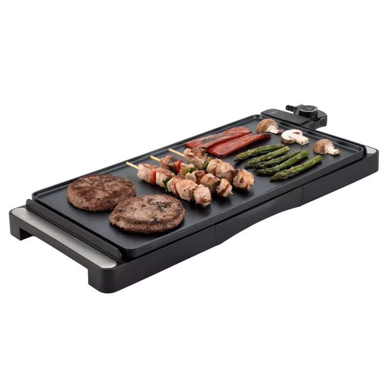 Grelhador de contacto Jata JEGR1245 — 2200 W, botão rotativo, retangular 655×255 mm, preto/prateado