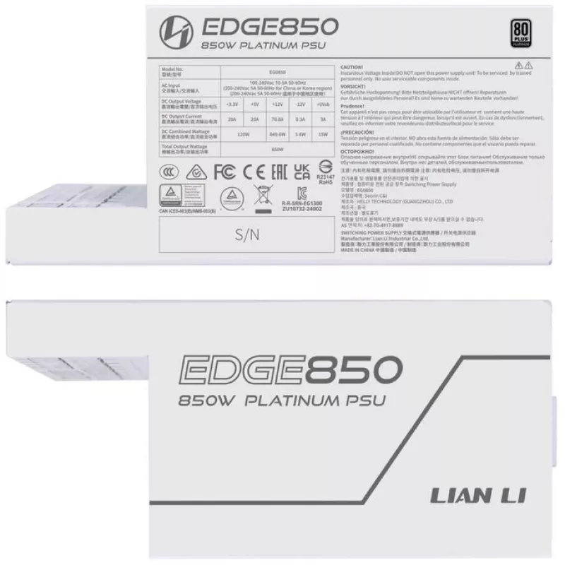 Fonte de alimentação Lian Li EDGE EG0850 de 850 W, 80 PLUS Platinum, ATX 3.1, PCIe 5.1, branca