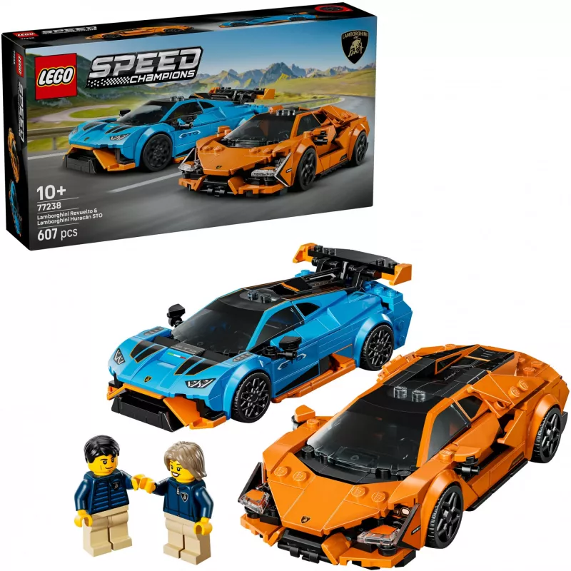 Conjunto LEGO Speed Champions 77238 — Lamborghini Revuelto & Huracán STO, 607 peças, 2 minifiguras, idade recomendada 10+
