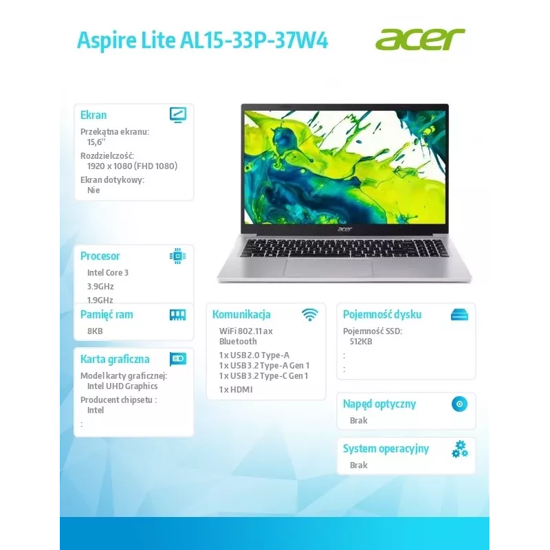 Portátil Acer Aspire Lite Core i3 N355, ecrã de 39,6 cm (15,6