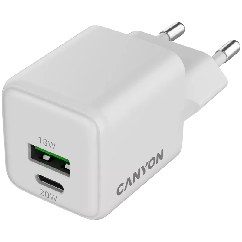 Carregador Canyon CU20AC GaN 20W PD, 2 portas (USB-A/USB-C) WH retalho (CNS-CUW20AC)