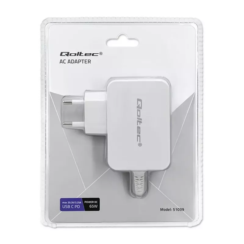 Qoltec 51039 adaptador de corrente 65 W USB-C PD, 5–20,3 V, 2–3,25 A, cabo USB-C integrado, branco