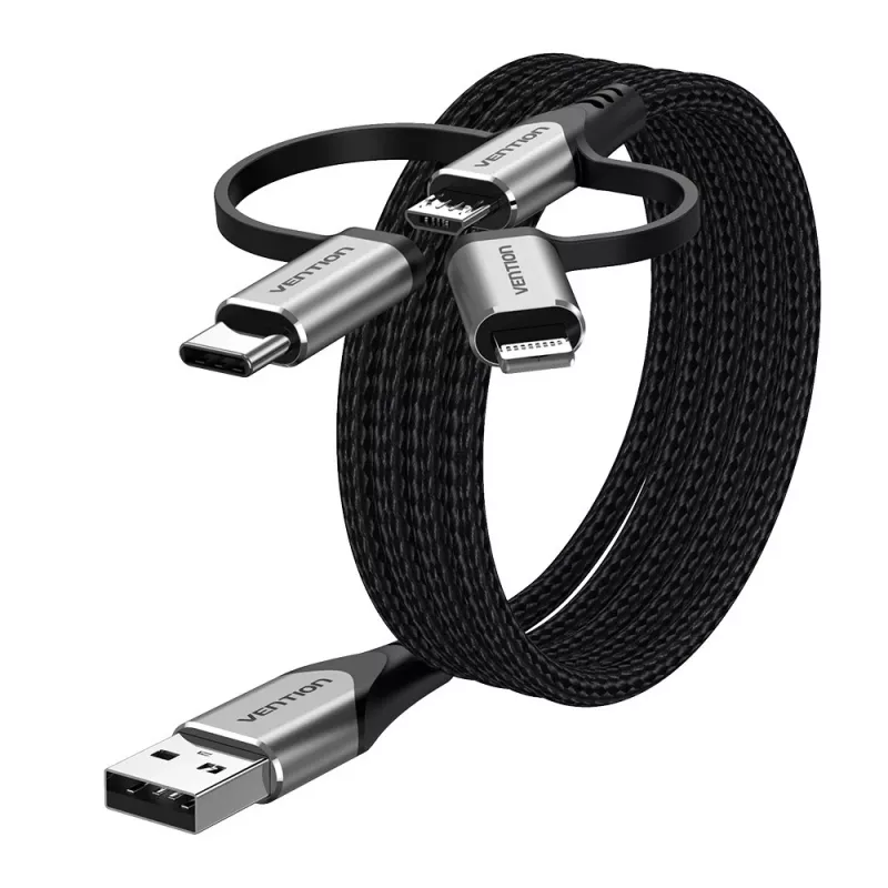 Cabo Vention USB 2.0 A macho para 3-em-1 Micro-B&USB-C&Lightning macho 1M cinzento liga de alumínio