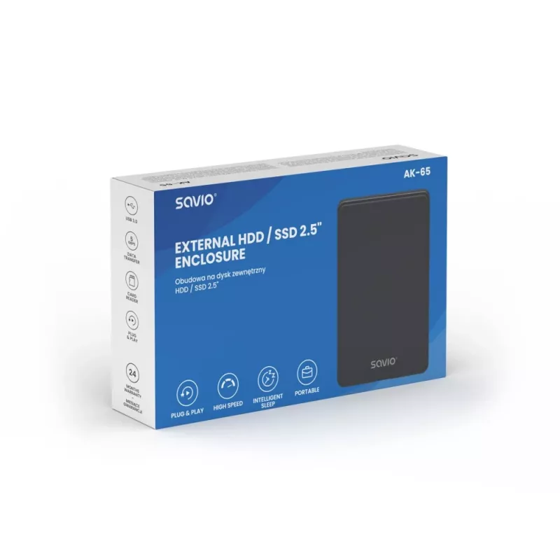 Caixa para disco rígido/SSD SAVIO AK-65 preto 2,5 polegadas SATA USB 3.0 5 Gbit/s Micro-USB