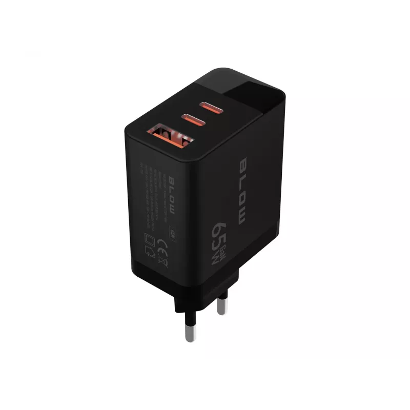 Carregador de parede LCD tomada USB + USB-Cx2 PD 65W GAN preto com wattímetro