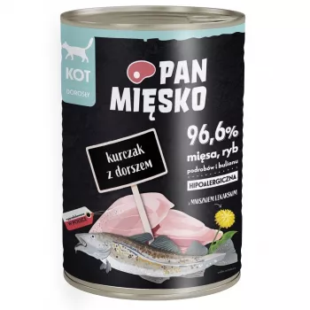 Comida húmida para gatos Pan Mięsko frango com bacalhau 400 g – adulto, sem cereais, para gatos alérgicos