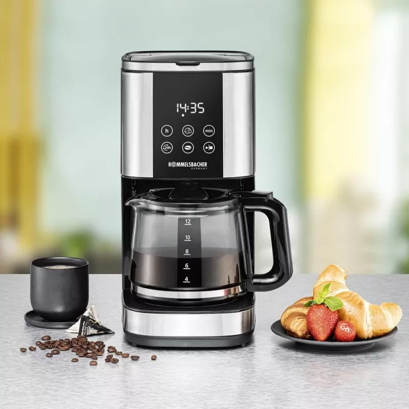 Máquina de café de filtro Rommelsbacher FKM1000, depósito de água de 1,5 L, 12 chávenas, aço inoxidável/preto