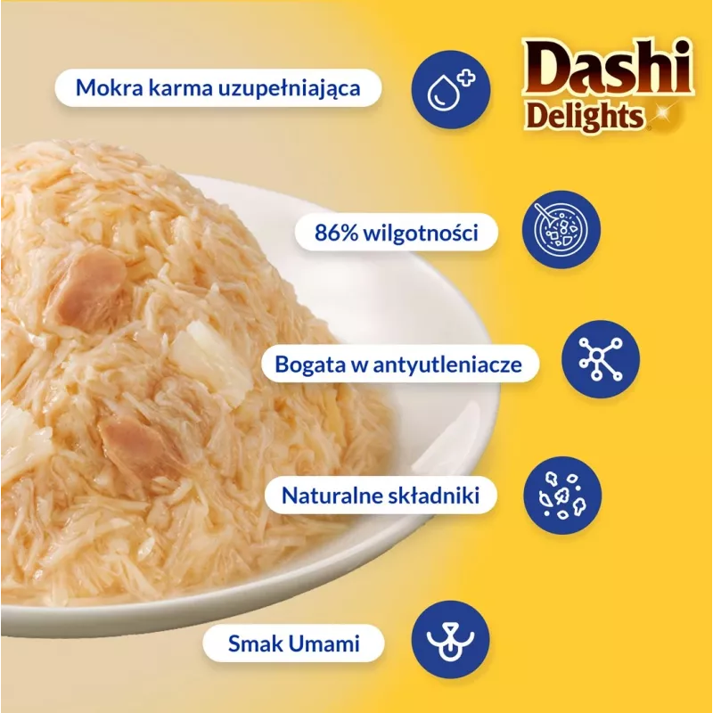 Snacks húmidos para gatos INABA Dashi Delights flocos delicados de frango com atum 40 g saqueta