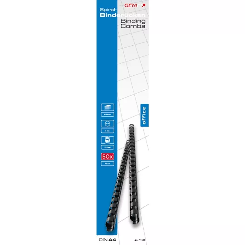 Genie 11181 - espirais de encadernação - preto - 25 folhas - plástico - 6 mm - 60 mm