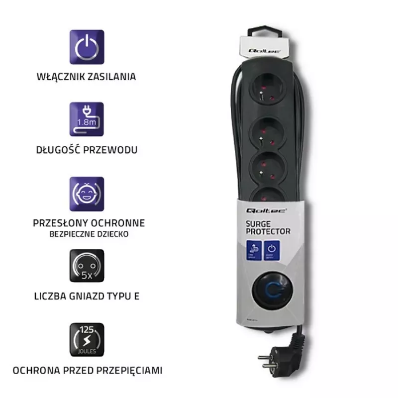 Proteção contra sobretensões Qoltec 50269 preto 5 tomadas AC 230V