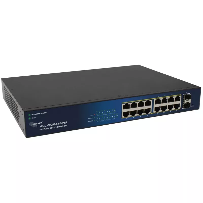 Switch PoE ALLNET 16+2P ALL-SG8418PM – 18 portas Gigabit, 16 portas PoE, 2 portas uplink