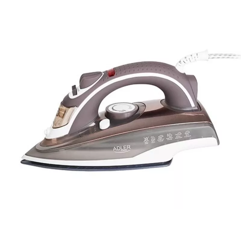 Adler AD 5030 ferro de engomar a vapor, 3000 W, base em cerâmica, depósito de água de 0,31 l, vapor contínuo de 20 g/min, vapor vertical, anticalcário, castanho