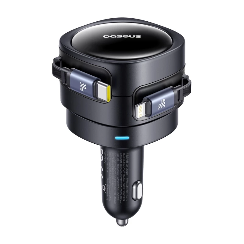 Carregador de automóvel Baseus Enjoyment Max 60W com cabos USB-C e Lightning, carregamento rápido de porta dupla