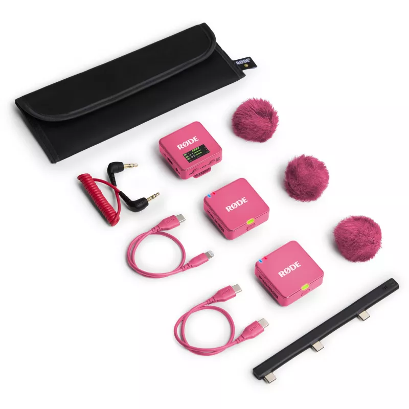Microfone sem fios RODE Wireless GO III rosa — sistema compacto de transmissor e recetor de dois canais