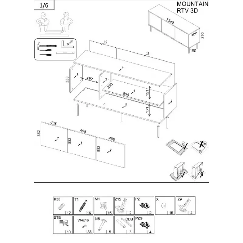Móvel de TV Cama Meble MOUNTAIN 154x40x55 cm – tampo em aglomerado revestido, preto e dourado